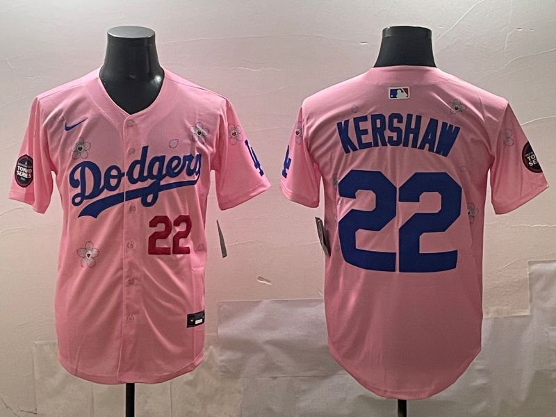 Men Los Angeles Dodgers 22 Kershaw Pink Sakura Edition 2025 Nike MLB Jersey style 3